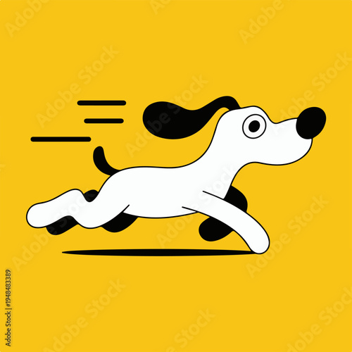 Cartoon illustration shows a happy white dog with black ears and tail running quickly against a bright yellow background with speed lines indicating motion.