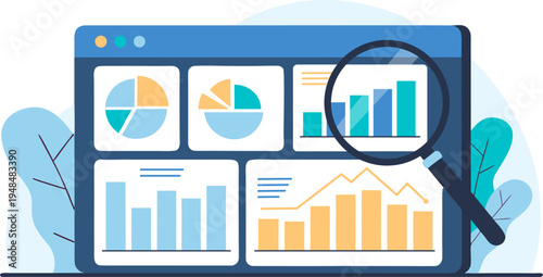 Flat illustration of a digital data analysis dashboard with various charts and a magnifying glass