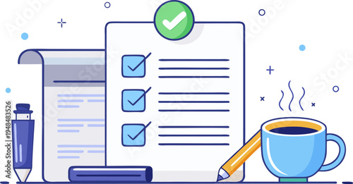 A flat vector illustration of a completed checklist with a coffee cup and pen on a white desk