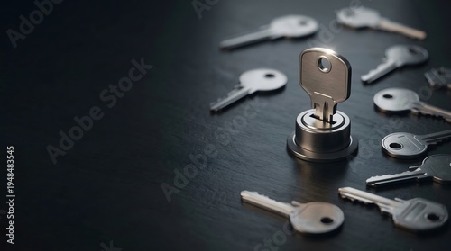 Single metal key inserted into lock cylinder standing among scattered keys on dark background, unique solution and security access concept