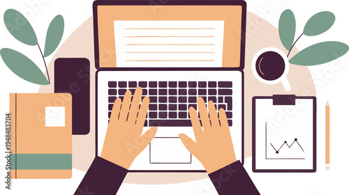 Top view of a professional workspace with a person typing on a laptop and office supplies nearby