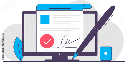 A digital document being signed on a computer screen representing online contract authorization
