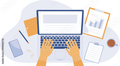 A top down view of a person typing on a laptop with office supplies arranged on a clean desk space