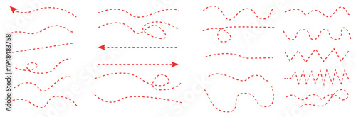 Hand drawn curve dotted line set.  Red Dotted lines path on white background. 