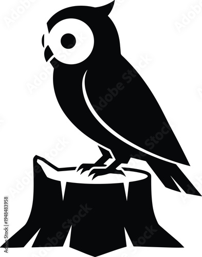 Owl silhouette perched on tree stump wildlife bird illustration minimalist nocturnal animal vector icon for nature logo design