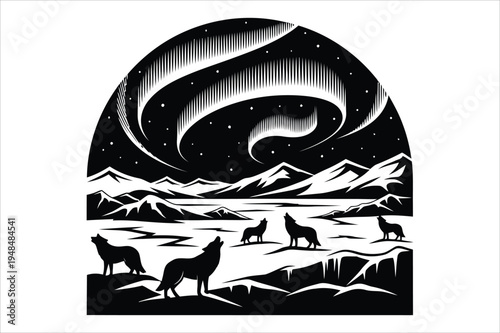 Wolves howling at aurora borealis with pack animal with northern light