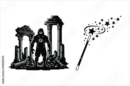 Monster ruins, magic wand and sparkles