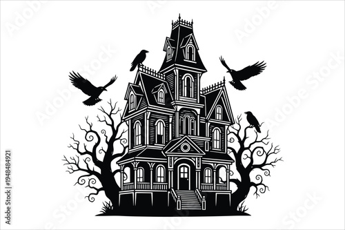 Haunted house silhouette with flying crows illustration