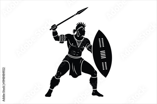 African warrior with spear and shield silhouette vector