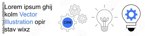 Business innovation, CRM tools, problem-solving, technology solutions, process automation, creativity. Gears with CRM label and light bulbs. Business innovation and CRM tools concept