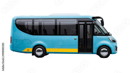 Photos Modern light blue mini-bus with yellow stripe, a contemporary passenger shuttle