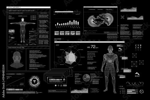Sci-fi healthcare HUD interface, futuristic wireframe humanoid metrics panel on black. Sci-fi, UI layout featuring wireframe figures, biometric charts, gauges, 3D hologram. Vector futuristic research