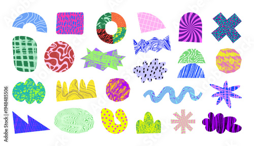 Colorful Memphis Abstract Pattern Shapes. Funky doodle set of colorful abstract geometric shapes with playful textures, patterns, and hand-drawn details. Memphis doodle elements. Vector graphic