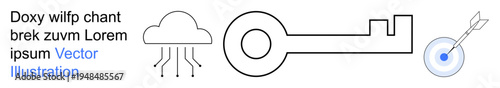 Data protection, cloud technology, precision, cybersecurity, file access, data encryption. Cloud with lines, key and target with arrow. Data protection and cloud technology concept