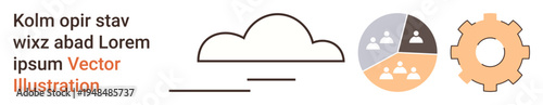 Cloud computing, data sharing, workflow design, minimal , abstract communication, process management. A cloud icon, pie chart and gear. Cloud computing and data sharing concept