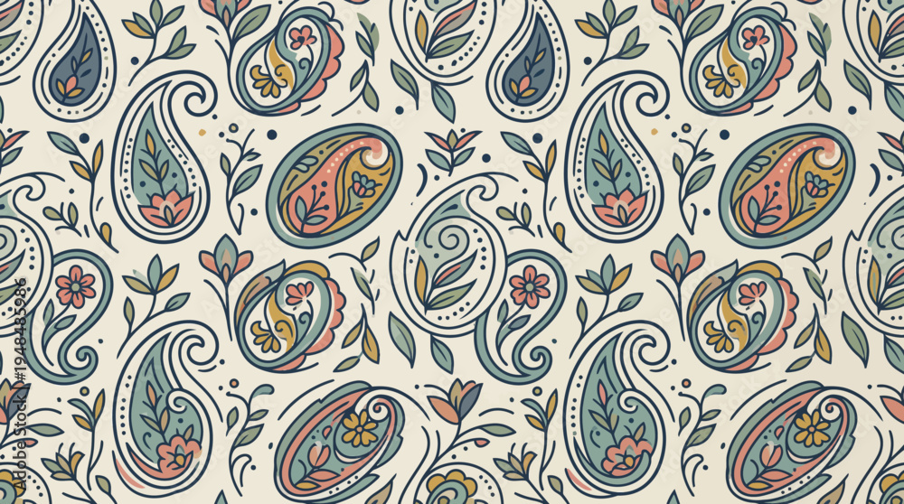 Naklejka premium Intricate paisley pattern fabric design with botanical motifs and teardrop shapes on light background.