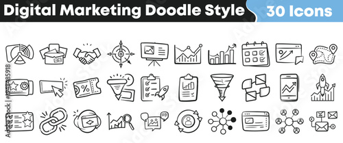 A comprehensive set of thirty digital marketing and business icons, uniquely hand-drawn in a charming doodle style, ideal for diverse online projects.