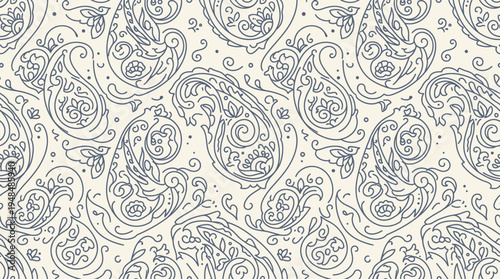 Paisley-inspired ornamental seamless pattern with teardrop motifs in muted blue and gray tones.