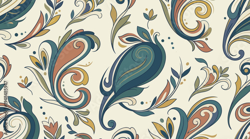 Ornamental Paisley Pattern with Swirls and Leaves for Textile Design.