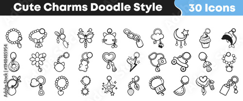 A collection of thirty cute doodle style charm icons featuring various playful shapes like animals food and abstract elements perfect for creative projects.
