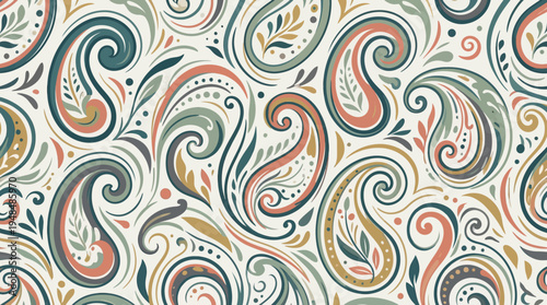 Intricate paisley-inspired abstract pattern with colorful swirls and ornate motifs for textiles and graphic design.