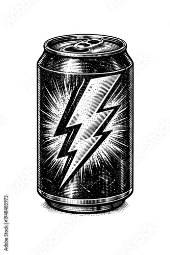 Dynamic Black & White Vintage Engraving of an Energy Drink Can with a Powerful Lightning Bolt Design, Featuring Retro Hatching and Stippling Art, Symbolizing High Voltage Power, Excitement, and Refres