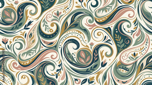 Intricate abstract paisley swirls pattern in cool tones for decorative textile background design.