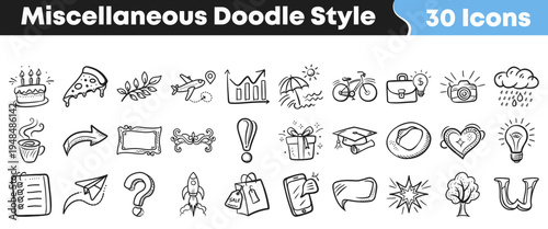 A diverse collection of miscellaneous doodle style hand-drawn icons featuring various everyday objects and concepts perfect for web design and creative projects.