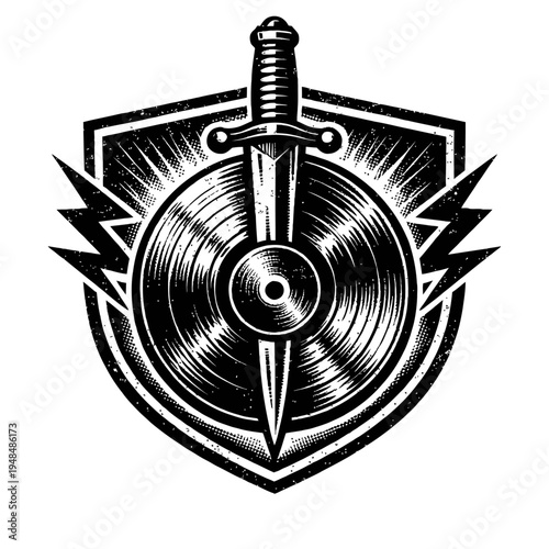 Vintage grunge black and white crest with a sword piercing a classic vinyl record on a bold shield with dynamic lightning bolts. Symbolizes music, rebellion, rock 'n' roll, and audio warrior spirit.