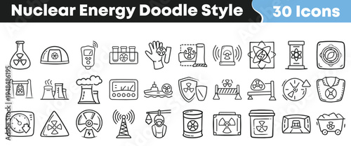 This comprehensive set of thirty hand-drawn doodle style icons illustrates various elements of nuclear energy, power generation, radiation safety, and scientific research.