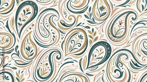 Seamless paisley pattern with teardrop shapes and flowing swirls in teal, beige, and cream tones.
