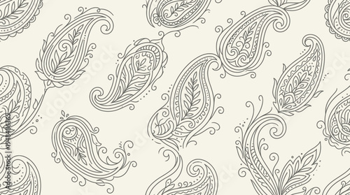 Intricate Gray Paisley Pattern with Ornamental Swirls and Teardrop Motifs.
