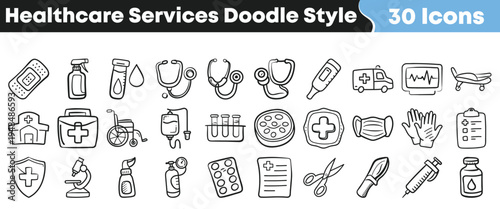 A collection of thirty hand-drawn black and white doodle style icons representing various essential healthcare services and medical equipment.