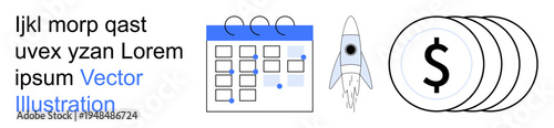 Financial planning, startup growth, business strategies, budgeting, innovation, productivity. A calendar, rocket and dollar coins. Financial planning and startup growth concept