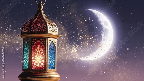 Wallpaper Mural A colorful lantern emits light under a crescent moon in a starry night sky with festive ambiance and glowing atmosphere. Torontodigital.ca