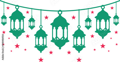 Festive arrangement of ornate green lanterns and red stars on a white background