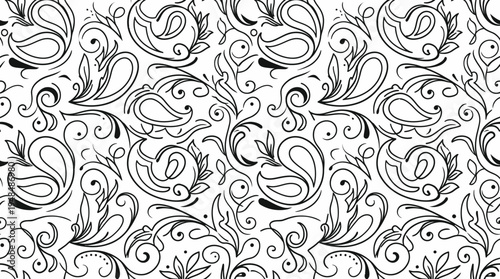 Intricate black and white seamless floral swirl pattern suitable for design and textiles.