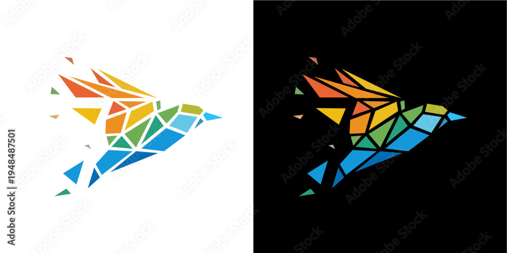 Ταπετσαρία A vibrant, low poly geometric bird soars dynamically, crafted from a mosaic of colorful polygons on both white and black backgrounds
