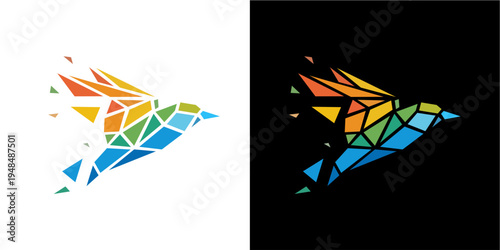 A vibrant, low poly geometric bird soars dynamically, crafted from a mosaic of colorful polygons on both white and black backgrounds. This abstract design evokes feelings of freedom, innovation, and d