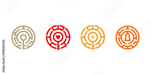 Four distinct circular maze icons are presented on a clean white background, each featuring a unique central symbol: a key, heart, home, and keyhole. These modern, minimalist designs convey themes of 