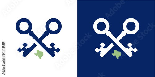 A modern vector illustration showcasing two crossed vintage-style keys, prominently featuring a small outline of the Texas state map at their intersection. Presented on both a crisp white and a deep b