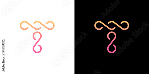 Modern gradieA sleek, abstract letter 'T' logo design crafted from continuous, interconnected wavy lines, evoking an infinity symbol. The vibrant gradient transitions from warm orannt 'T' letter lo...