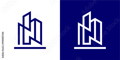 A sleek and modern abstract line art logo featuring a stylized city skyline integrated with the letter 'N'. Presented in a minimalist dark blue and white color scheme, this versatile graphic conveys u