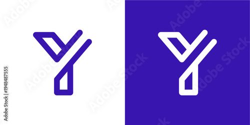 A sleek and modern abstract logo design showcasing a stylized letter 'Y' crafted with clean line art. Presented in a vibrant purple and white color scheme on a split background, it conveys innovation 