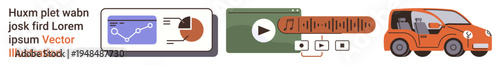 Data analysis, tech innovation, vehicle automation, multimedia, streaming platforms, smart cars. Design features charts, media icons autonomous vehicle. Data analysis and tech innovation