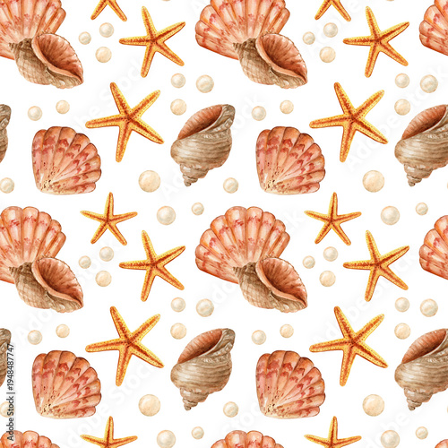 Seashell, pearl, starfish, watercolor seamless pattern. Nautical style.