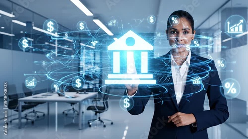 Banking Innovation Woman in Tech with Digital Bank Icon.