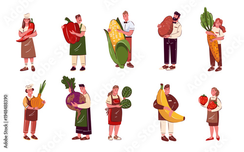 Set of smiling chefs and farmers holding huge fruits and vegetables symbolizing healthy food, organic farming, vegan lifestyle and fresh nutrition concept, flat cartoon vector illustration.