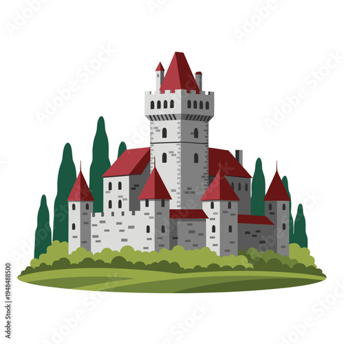 Fantasy castle vector illustration on a green hill with trees, medieval fortress with red roofs, detailed architecture