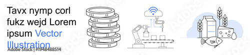 Technology, food industry, automation, IoT, sustainability, smart production. Stacks of coins, robotic arm and food products. Technology and food industry are highlighted